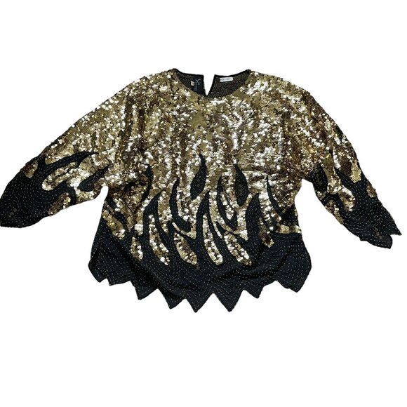 Vintage Women's Iris Silk Beaded Sequin Top Size 42 Gold Black Cocktail Going Ou - Picture 1 of 11
